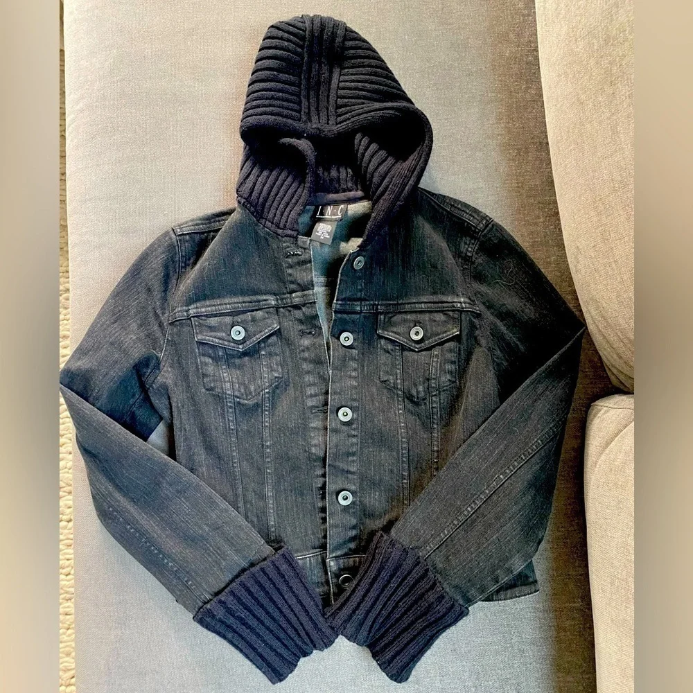 INC International Concepts Black Denim Jacket with Knit Hood and Cuffs S…